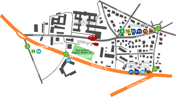 Anfahrtskarte, die den Bereich um das Kino in der August-Bebel-Straße 20 zeigt. In Laufweite befinden sich die DVB-Haltestellen Strehlener Platz, Wasaplatz und Caspar-David-Friedrich-Straße.